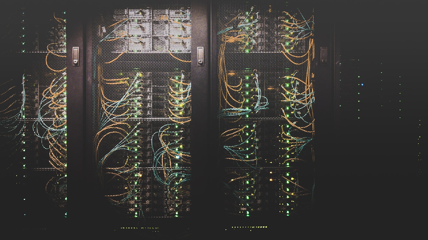 Enterprise data centre with server racks and blue lighting