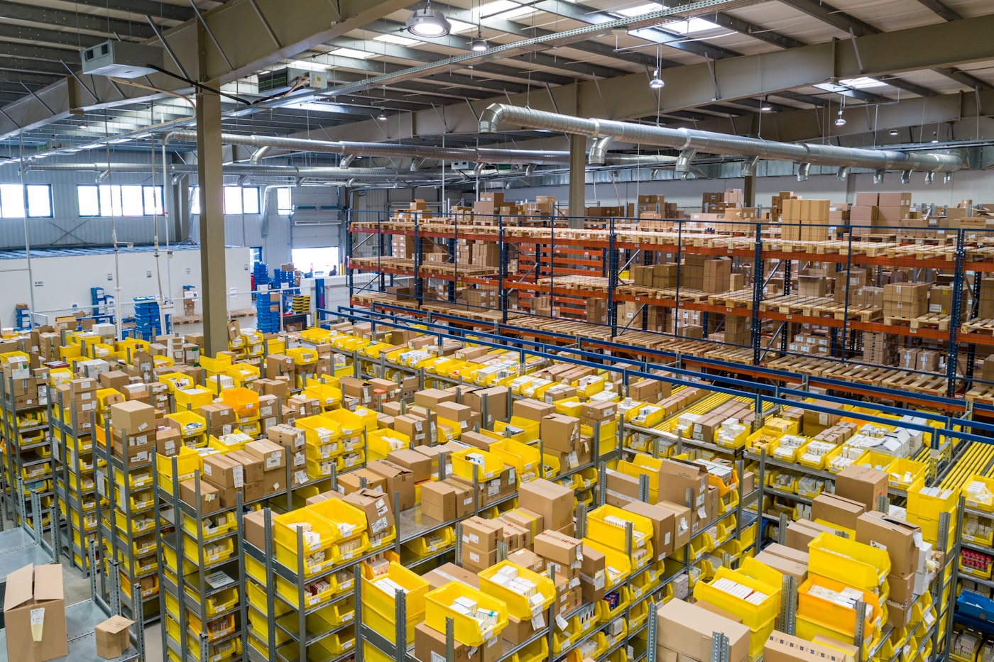 Bright logistics warehouse with organized supplies